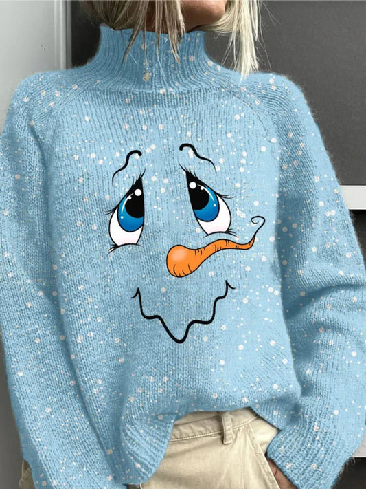 Women's speckled Christmas knit sweater with snowman graphic turtleneck – Blue