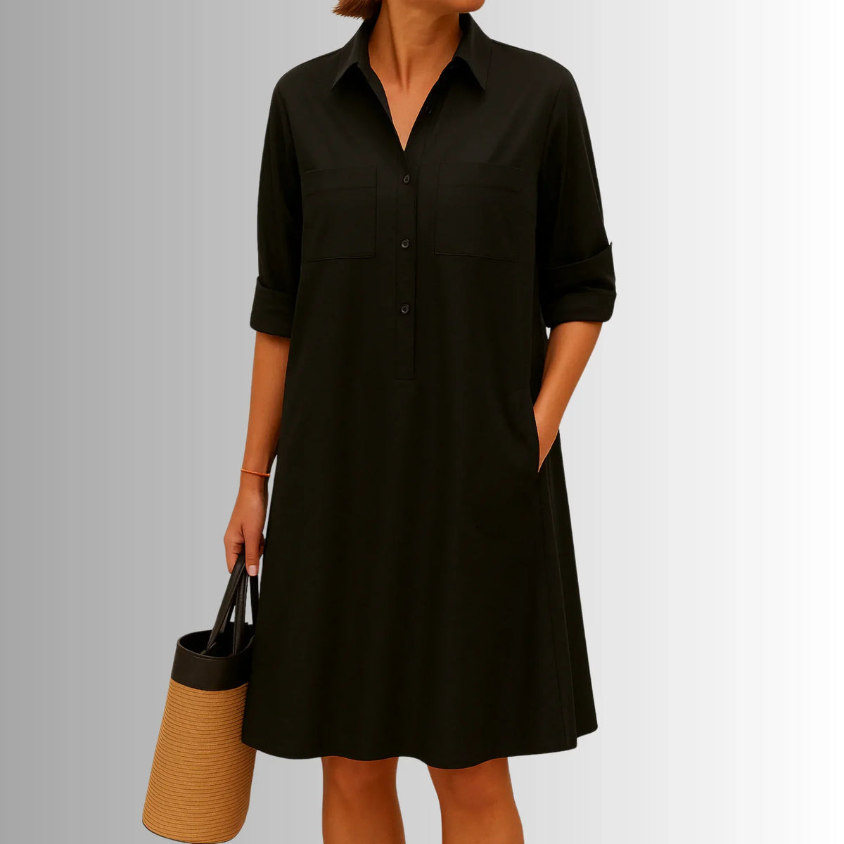 Women's lightweight collared shirt mini dress with 3/4-sleeve button placket – Black