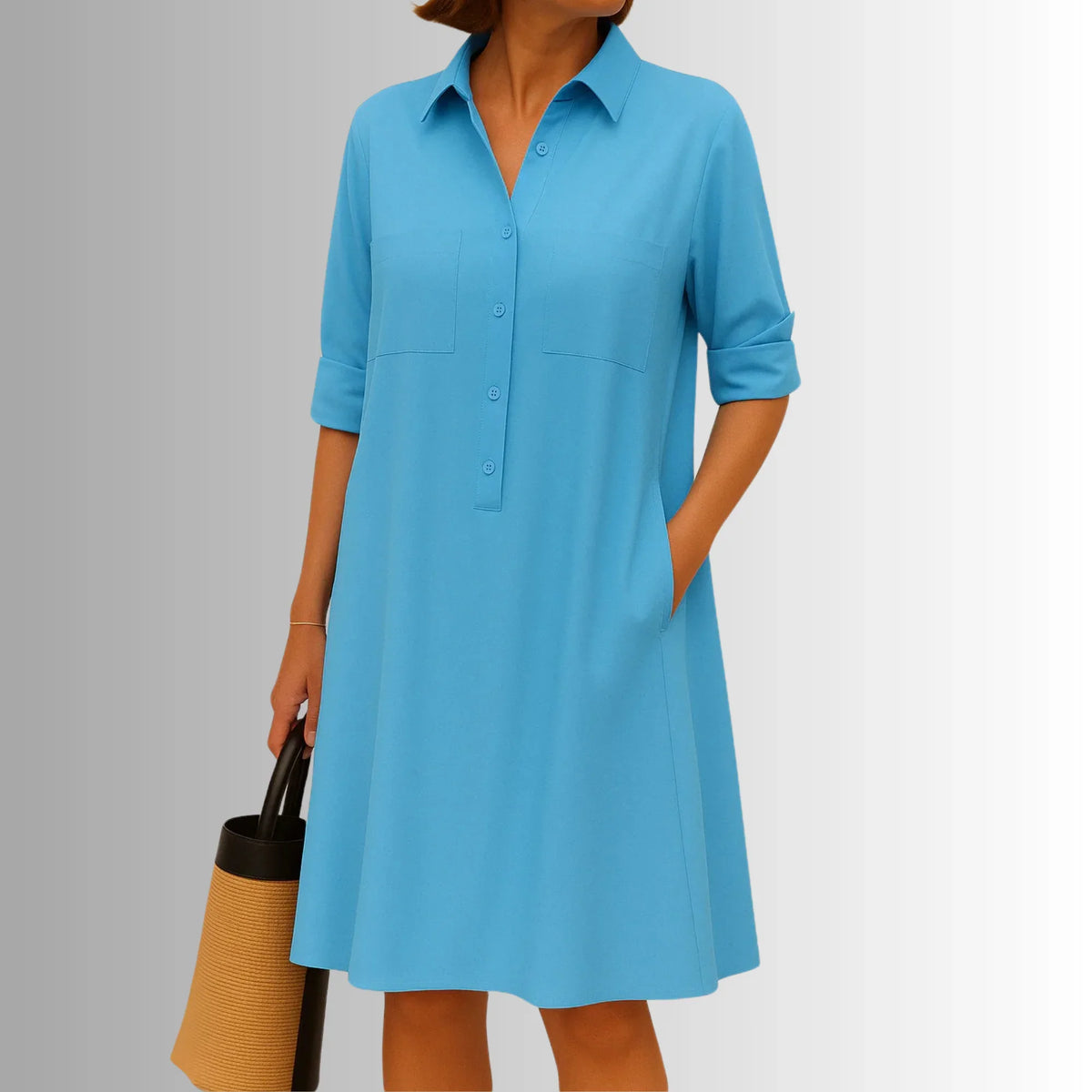 Women's lightweight collared shirt mini dress with 3/4-sleeve button placket – Blue