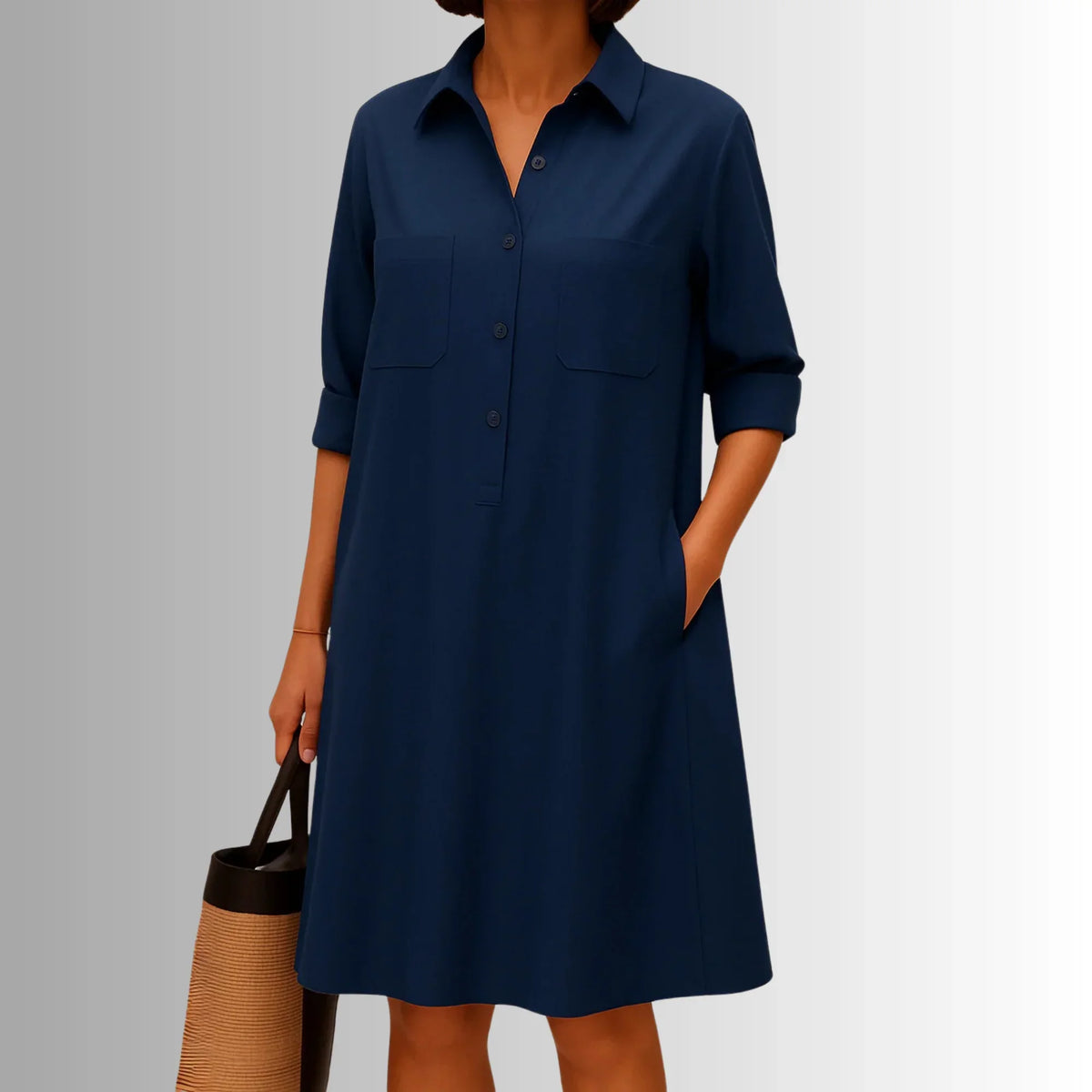 Women's lightweight collared shirt mini dress with 3/4-sleeve button placket – Dark Blue