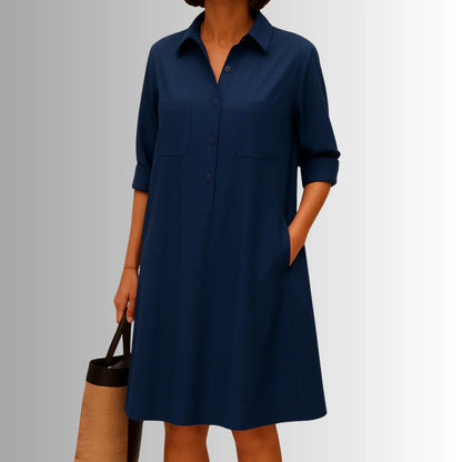 Women's lightweight collared shirt mini dress with 3/4-sleeve button placket – Dark Blue