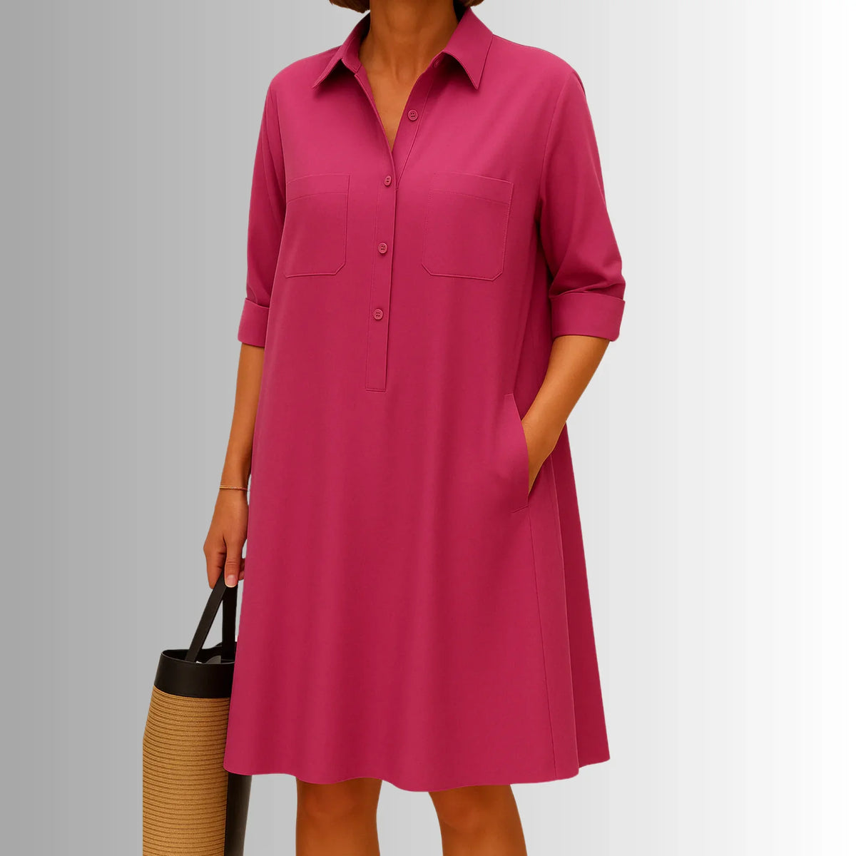 Women's lightweight collared shirt mini dress with 3/4-sleeve button placket – Deep Pink