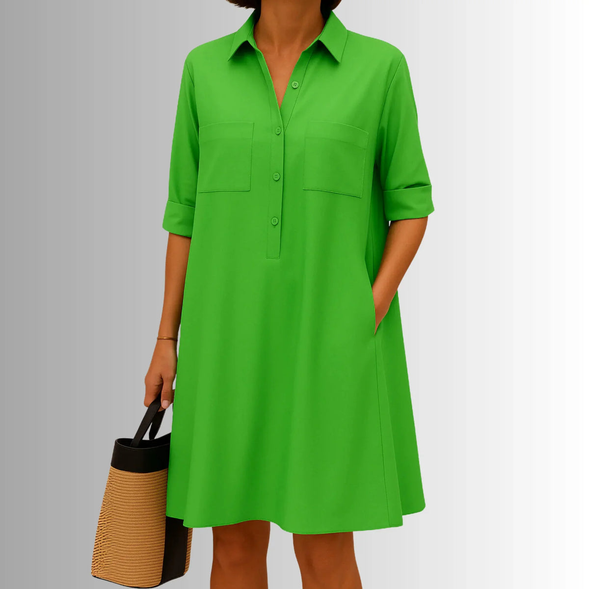 Women's lightweight collared shirt mini dress with 3/4-sleeve button placket – Green