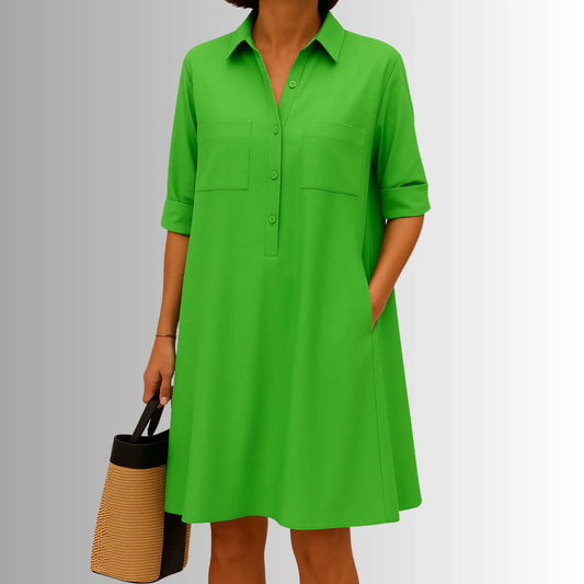 Women's lightweight collared shirt mini dress with 3/4-sleeve button placket – Green