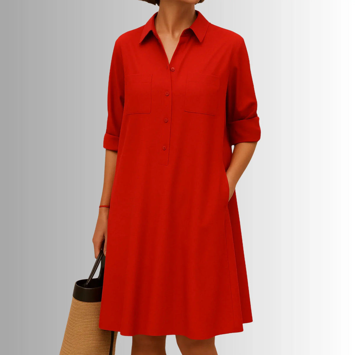 Women's lightweight collared shirt mini dress with 3/4-sleeve button placket – Red
