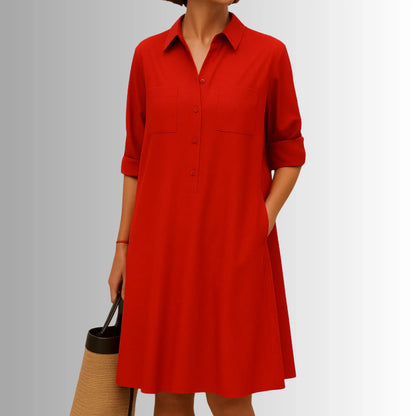 Women's lightweight collared shirt mini dress with 3/4-sleeve button placket – Red
