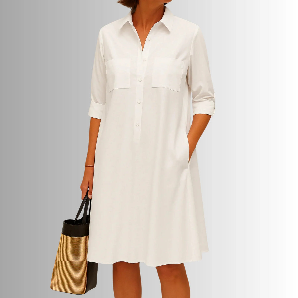 Women's lightweight collared shirt mini dress with 3/4-sleeve button placket – White