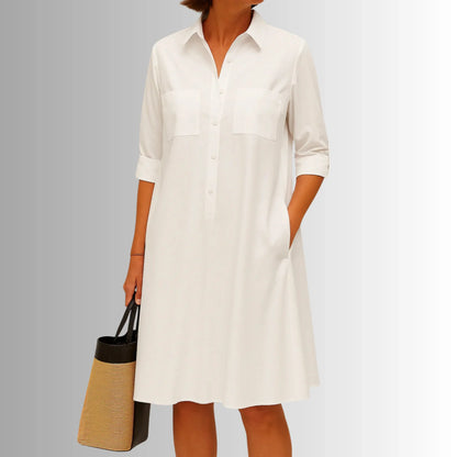 Women's lightweight collared shirt mini dress with 3/4-sleeve button placket – White