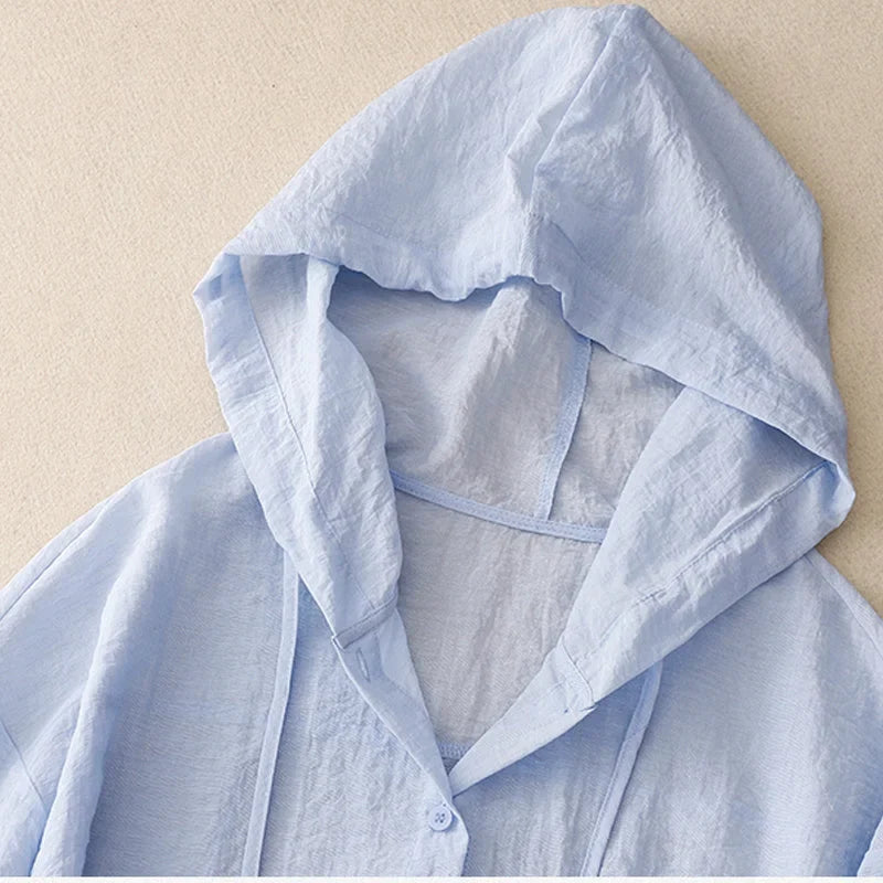 Women's lightweight crinkled hoodie with button-front and drawstring hood