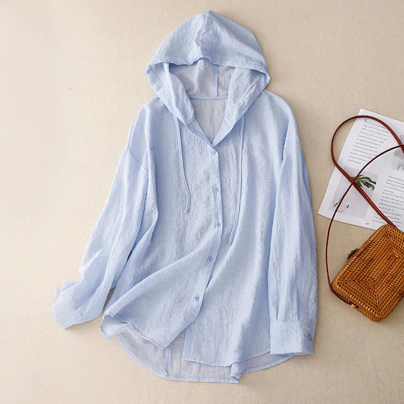 Women's lightweight crinkled hoodie with button-front and drawstring hood – Blue