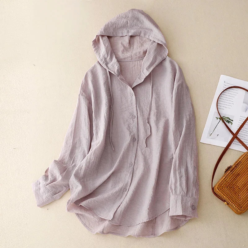 Women's lightweight crinkled hoodie with button-front and drawstring hood – Purple