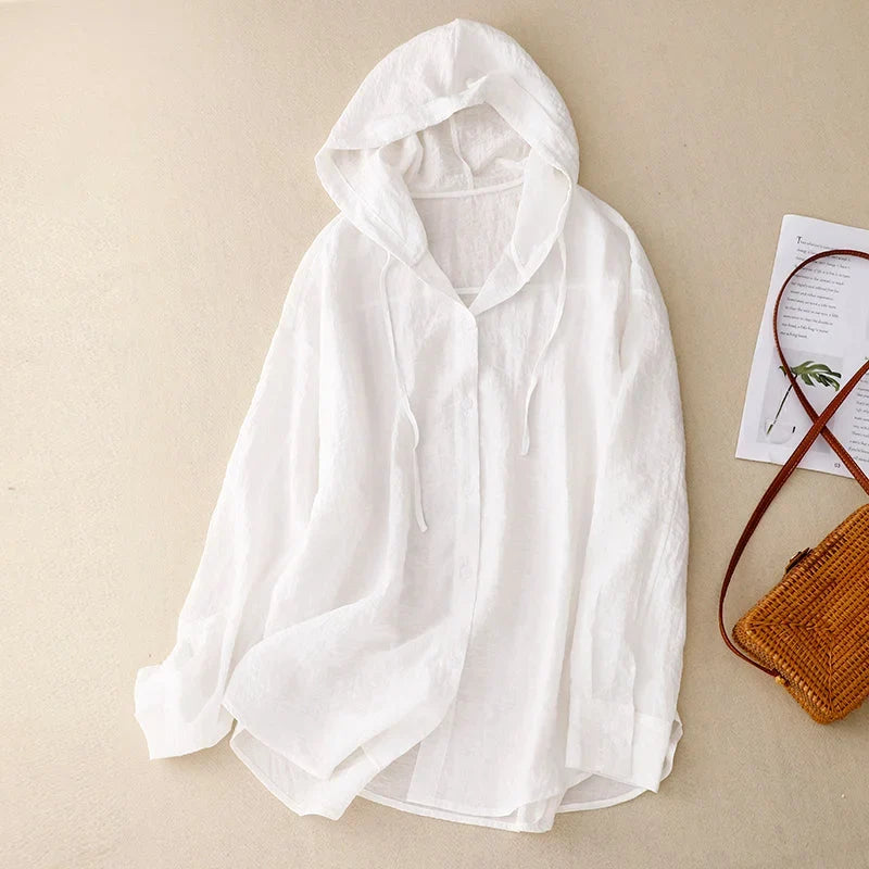 Women's lightweight crinkled hoodie with button-front and drawstring hood – White