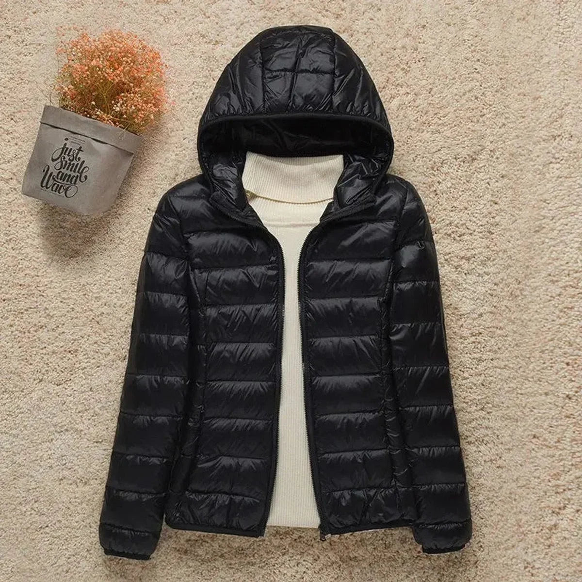 Women's lightweight hooded quilted jacket packable puffer – Black
