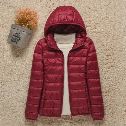 Women's lightweight hooded quilted jacket packable puffer – Burgundy