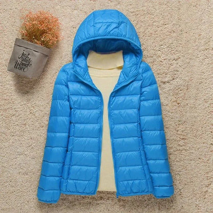 Women's lightweight hooded quilted jacket packable puffer – Light Blue
