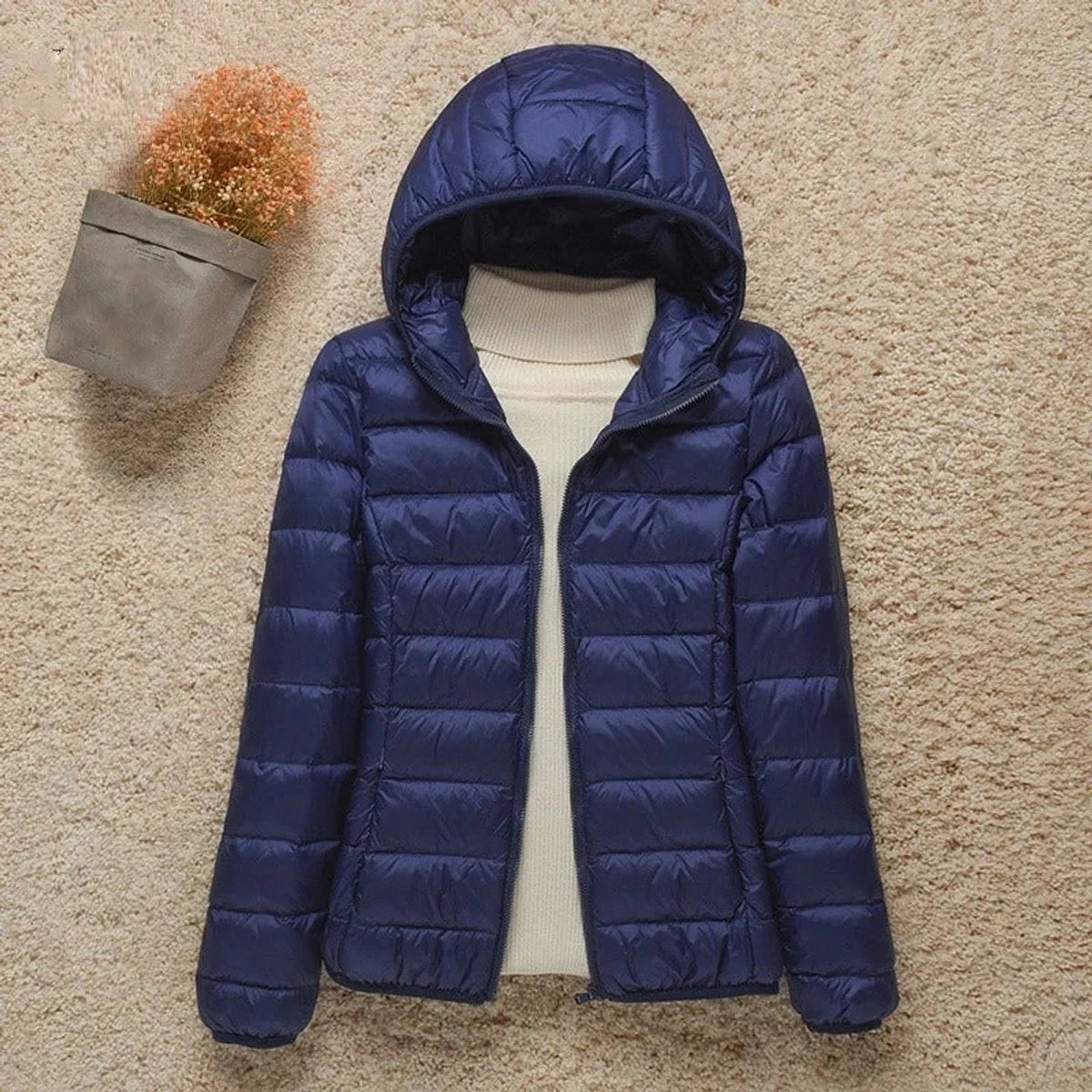Women's lightweight hooded quilted jacket packable puffer – Navy Blue