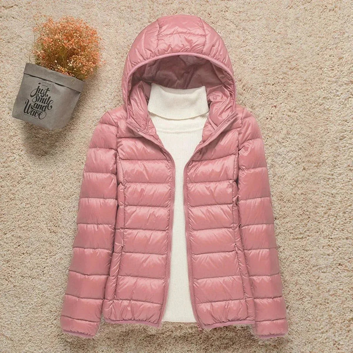 Women's lightweight hooded quilted jacket packable puffer – Pink