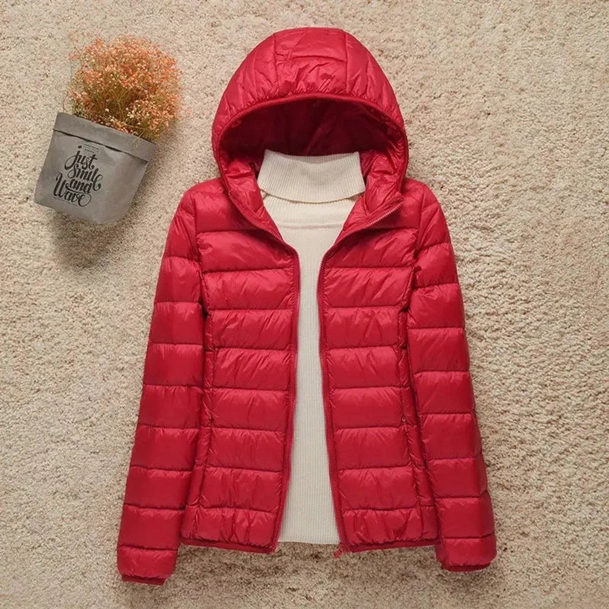 Women's lightweight hooded quilted jacket packable puffer – Red