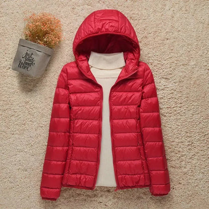 Women's lightweight hooded quilted jacket packable puffer – Red