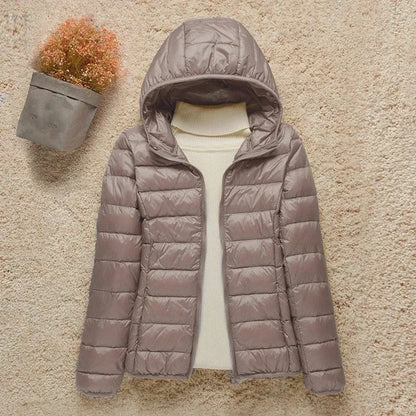 Women's lightweight hooded quilted jacket packable puffer – Taupe