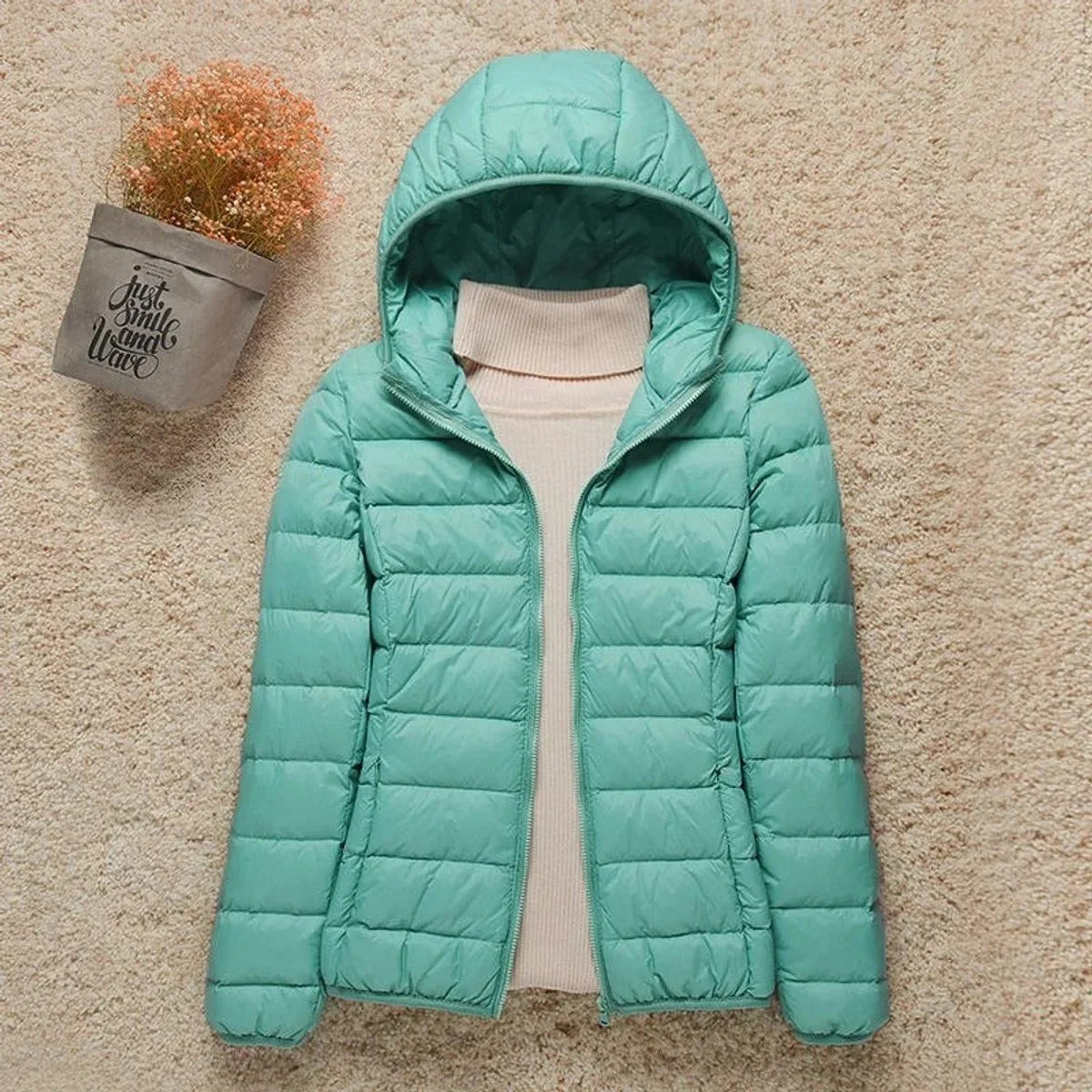 Women's lightweight hooded quilted jacket packable puffer – Turquoise
