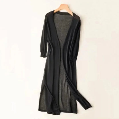 Women's lightweight open-front long knit cardigan – Black