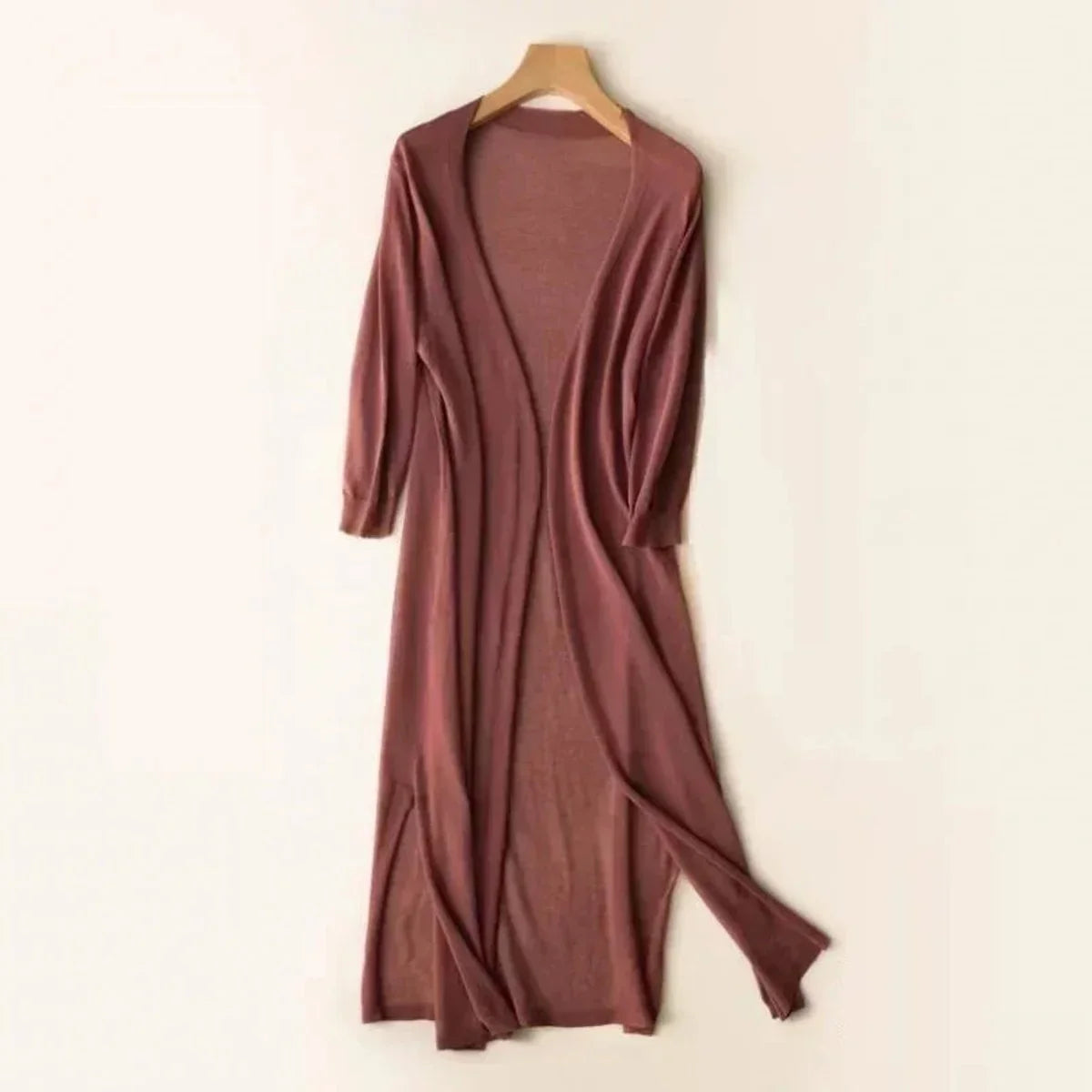 Women's lightweight open-front long knit cardigan – Coffee