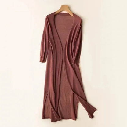 Women's lightweight open-front long knit cardigan – Coffee