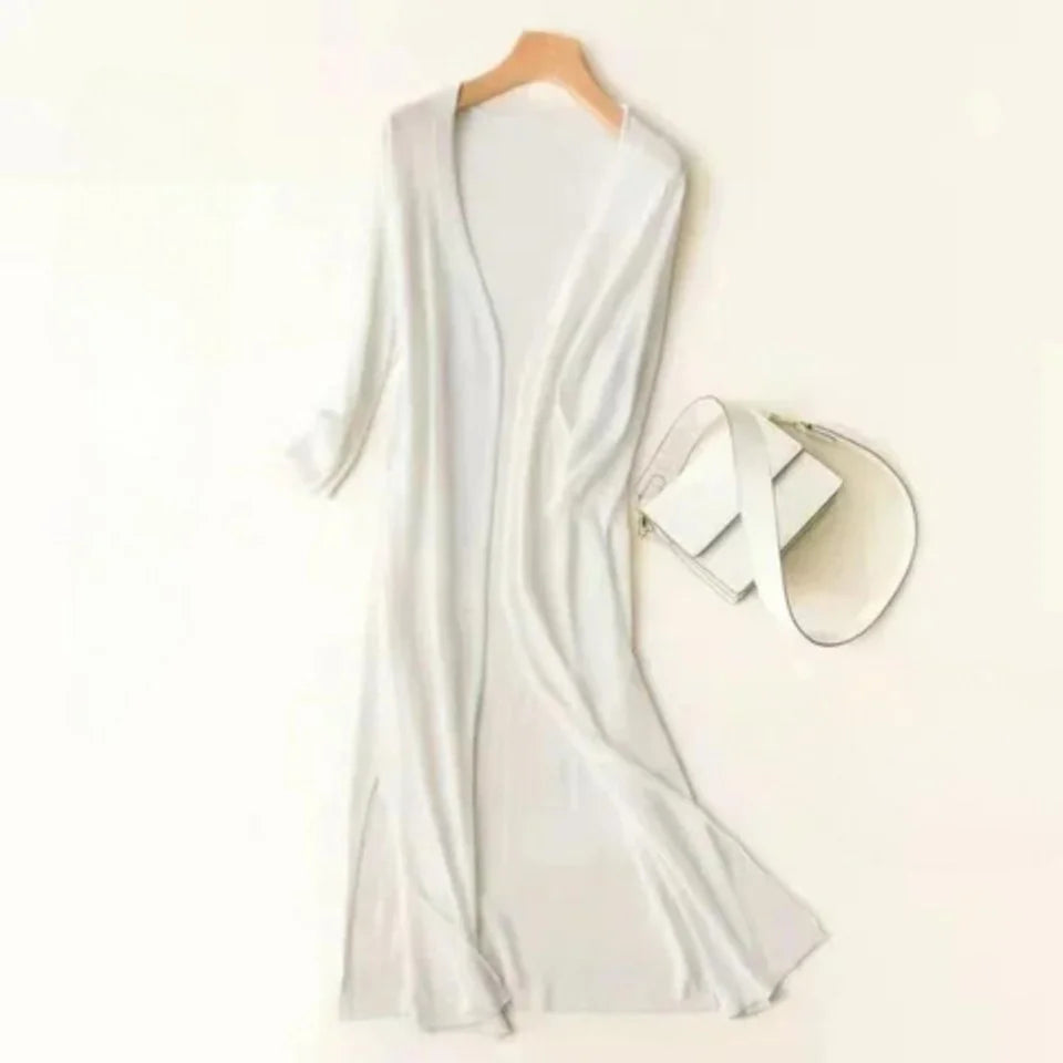 Women's lightweight open-front long knit cardigan – White