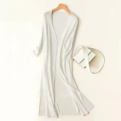 Women's lightweight open-front long knit cardigan – White