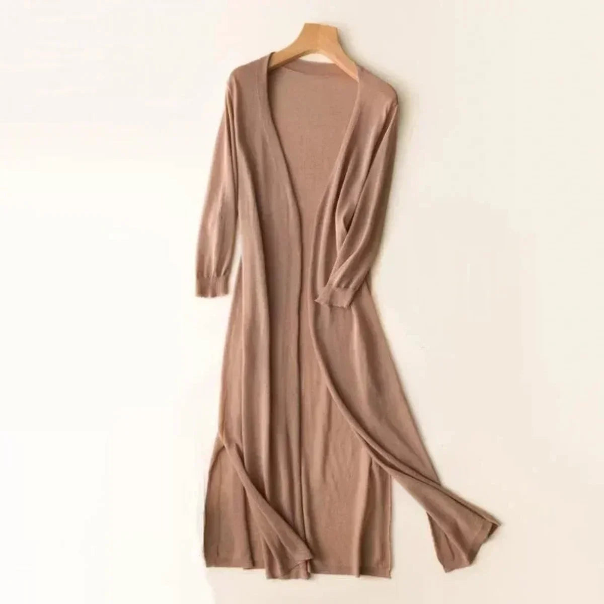 Women's lightweight open-front long knit cardigan – Khaki