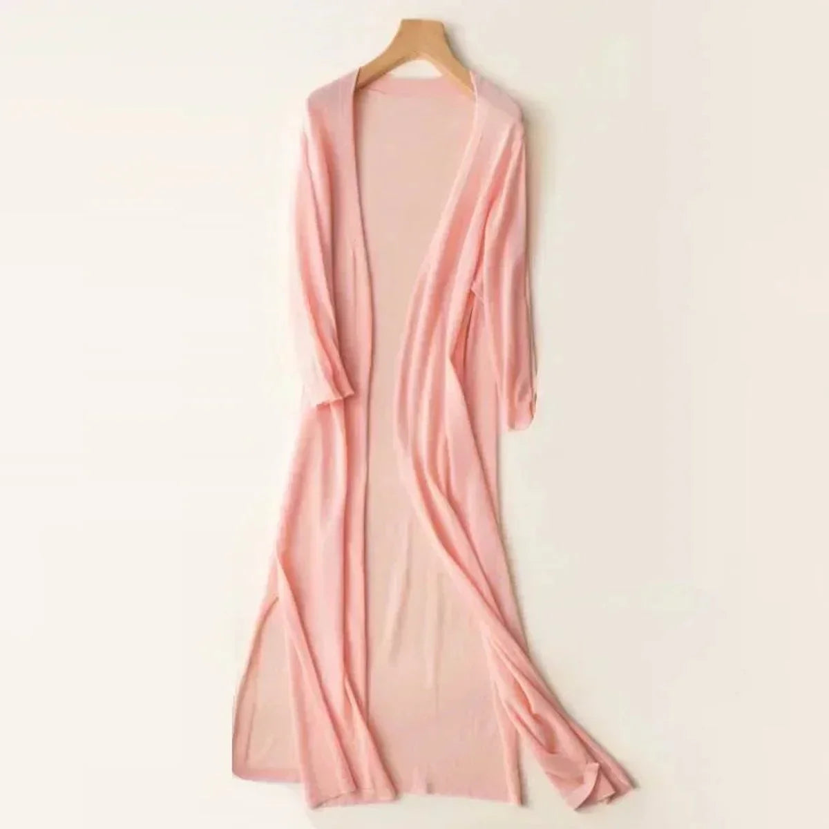 Women's lightweight open-front long knit cardigan – Pink