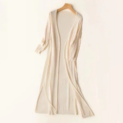 Women's lightweight open-front long knit cardigan – Apricot