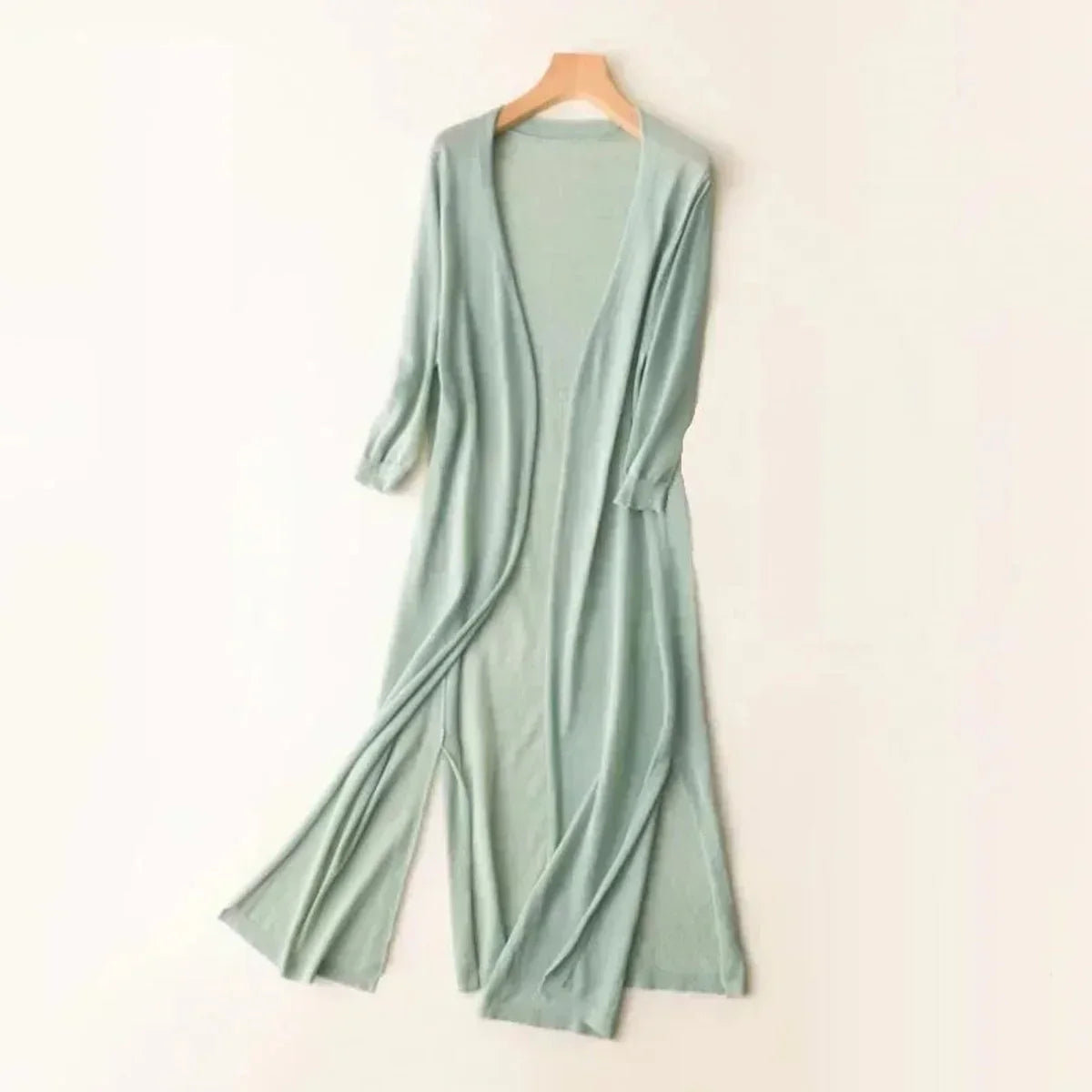 Women's lightweight open-front long knit cardigan – Green