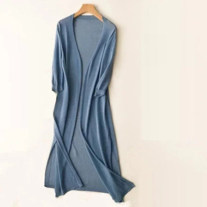 Women's lightweight open-front long knit cardigan – Blue