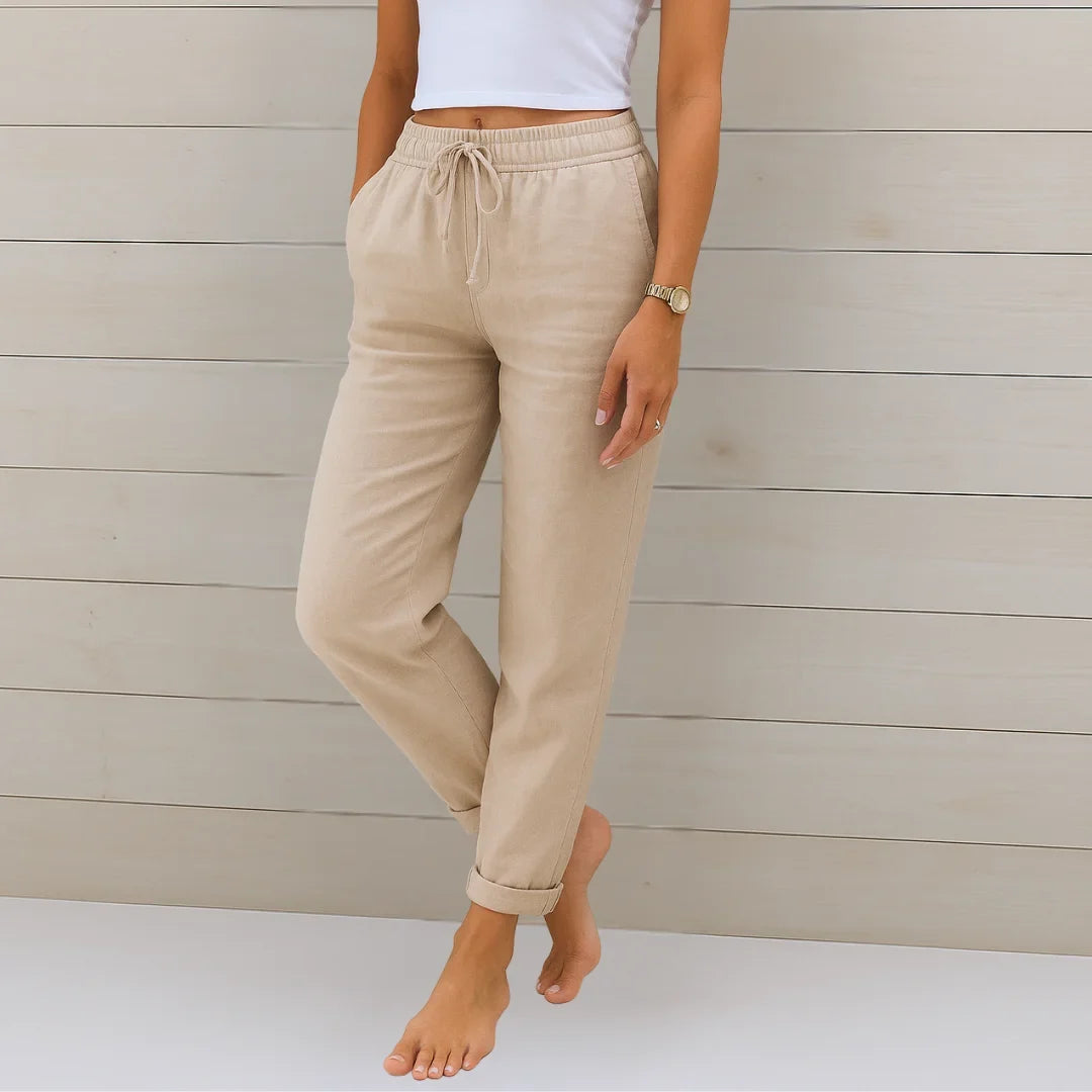 Women's lightweight pants with elastic drawstring waist and cuffed hem – Beige