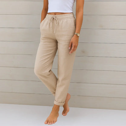 Women's lightweight pants with elastic drawstring waist and cuffed hem – Beige