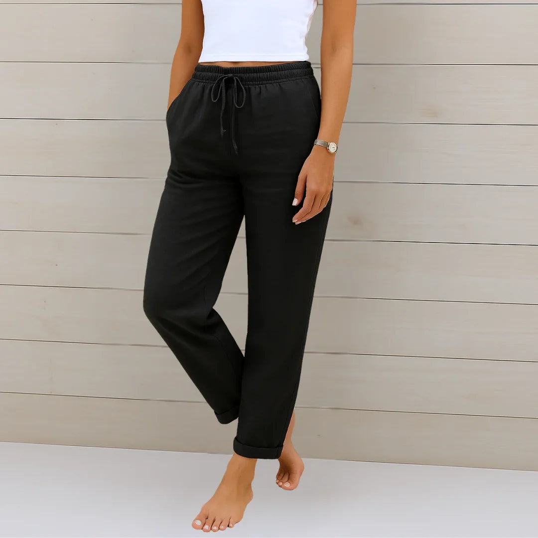 Women's lightweight pants with elastic drawstring waist and cuffed hem – Black