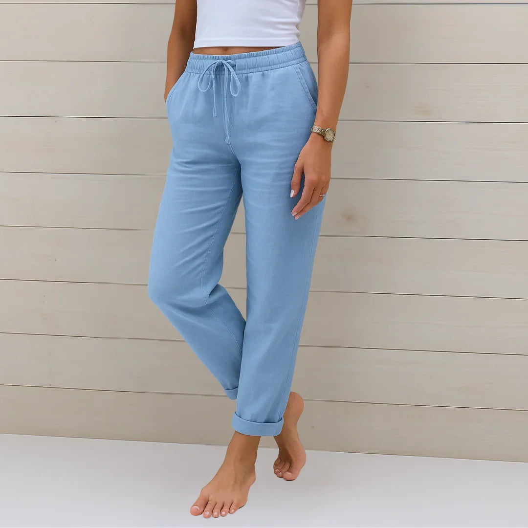 Women's lightweight pants with elastic drawstring waist and cuffed hem – Light Blue