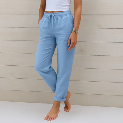 Women's lightweight pants with elastic drawstring waist and cuffed hem – Light Blue
