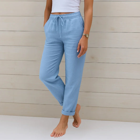 Women's lightweight pants with elastic drawstring waist and cuffed hem – Light Blue