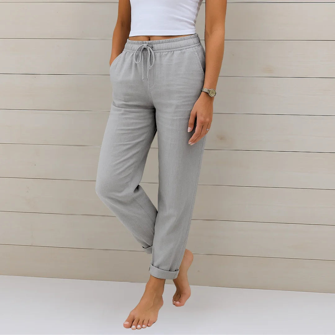 Women's lightweight pants with elastic drawstring waist and cuffed hem – Light Grey