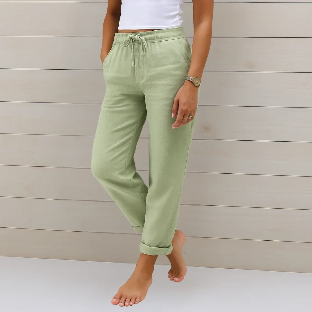 Women's lightweight pants with elastic drawstring waist and cuffed hem – Light Green