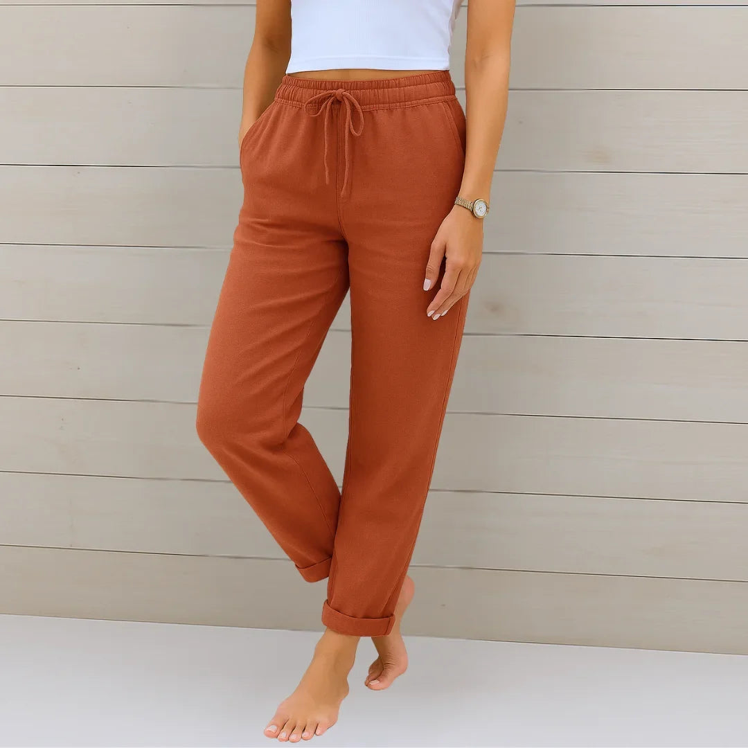Women's lightweight pants with elastic drawstring waist and cuffed hem – Terracotta