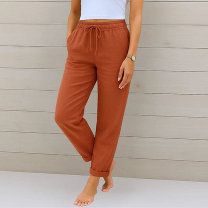 Women's lightweight pants with elastic drawstring waist and cuffed hem – Terracotta