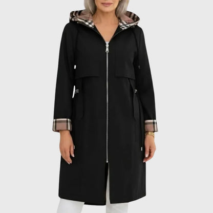 Women's lightweight plaid-lined hooded parka with full-zip front – Black