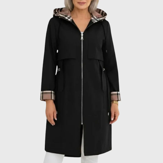 Women's lightweight plaid-lined hooded parka with full-zip front – Black