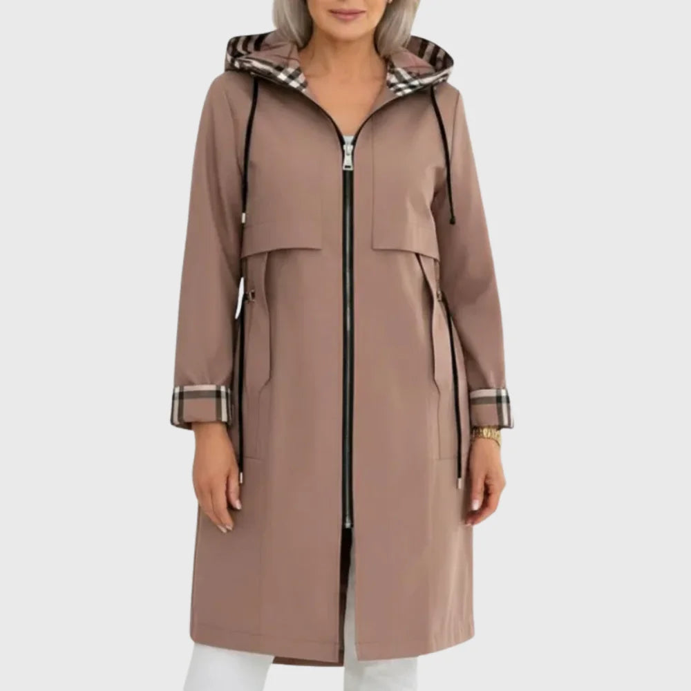 Women's lightweight plaid-lined hooded parka with full-zip front – Brown