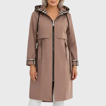 Women's lightweight plaid-lined hooded parka with full-zip front – Brown