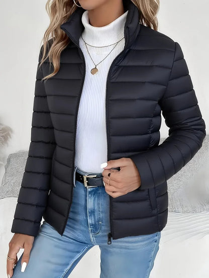 Women's lightweight quilted puffer coat stand collar zip-up jacket – Black